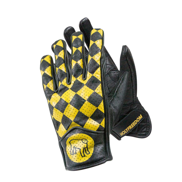 Holy Freedom Bullit Unsulto, Leather Motorcycle Gloves, Black & Yellow Chequer - Foxxmoto 